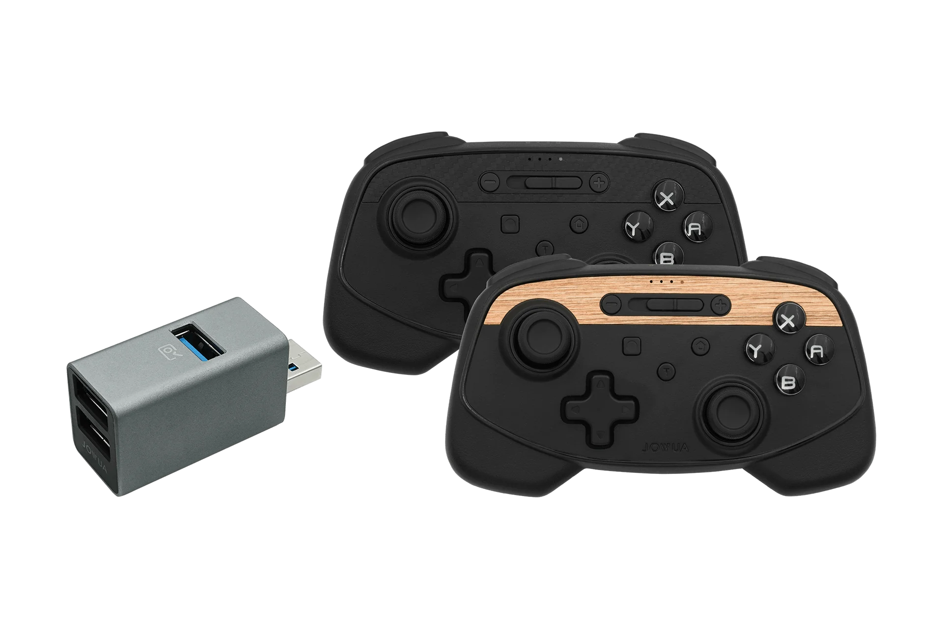 竹北特斯拉充電站-Jowua商品-多連結無線搖桿優惠組(咖啡木紋、黑碳纖、手套箱專用集線器-3 port)-圖片